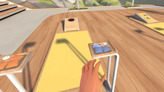 Point and pinch selects an interface control in the VR environment.