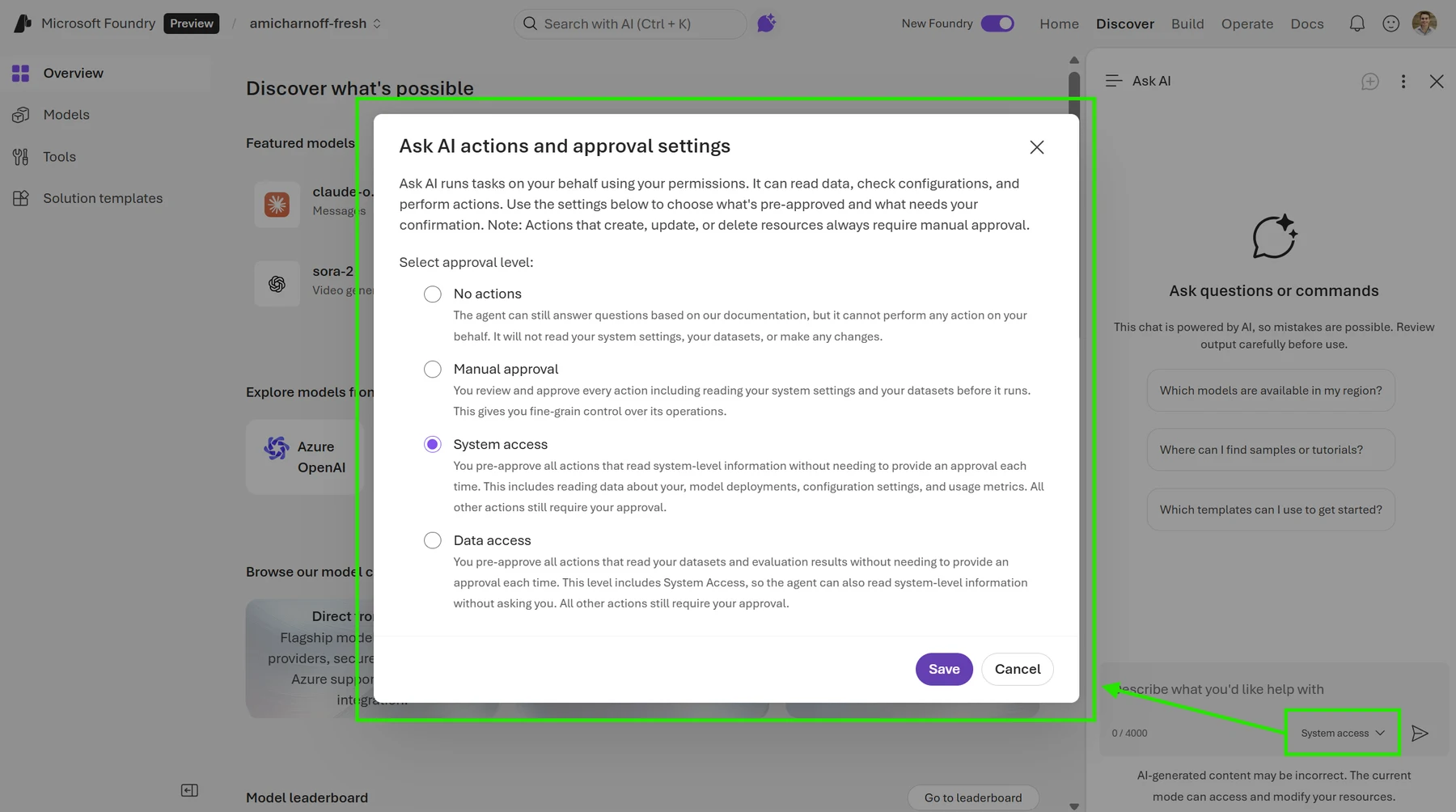 Privacy and security permission controls interface showing granular settings for AI assistant capabilities