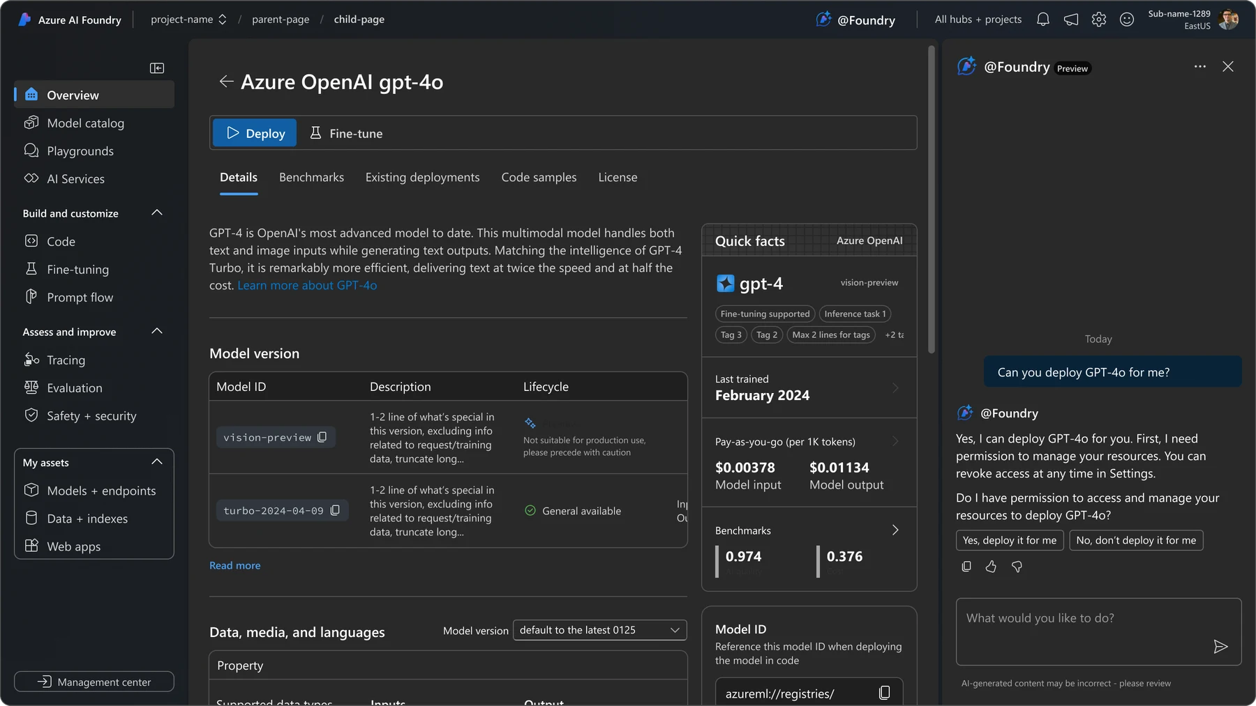 @Foundry assistant showing agentic capabilities with model deployment confirmation