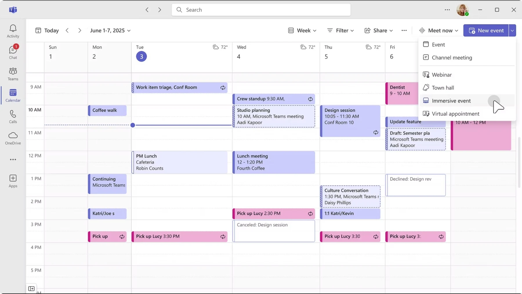 Create an immersive event from the Teams calendar menu.