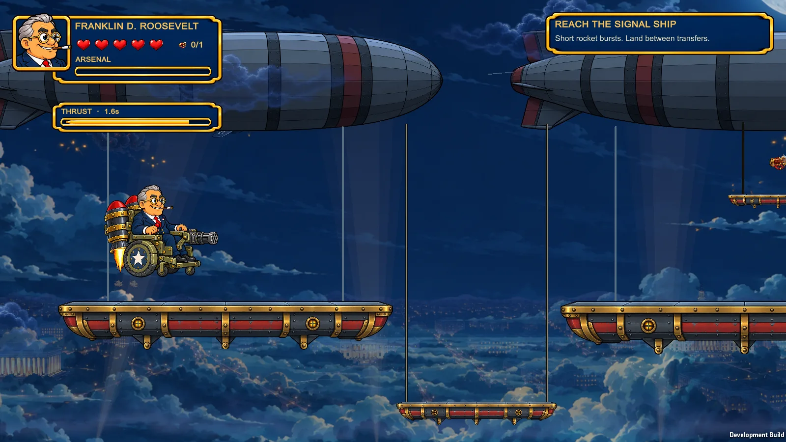 Recorded gameplay · FDR’s rocket-flight prototype above the airship fleet. Archived Unity build; outside the browser demos.