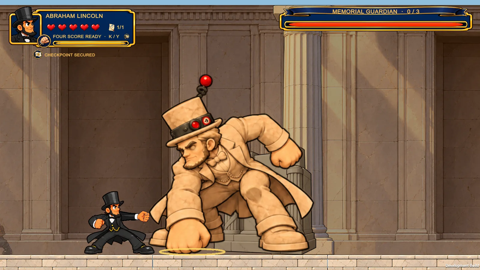 Recorded gameplay · Lincoln faces the walking Memorial guardian. Archived Unity build; outside the browser demos.