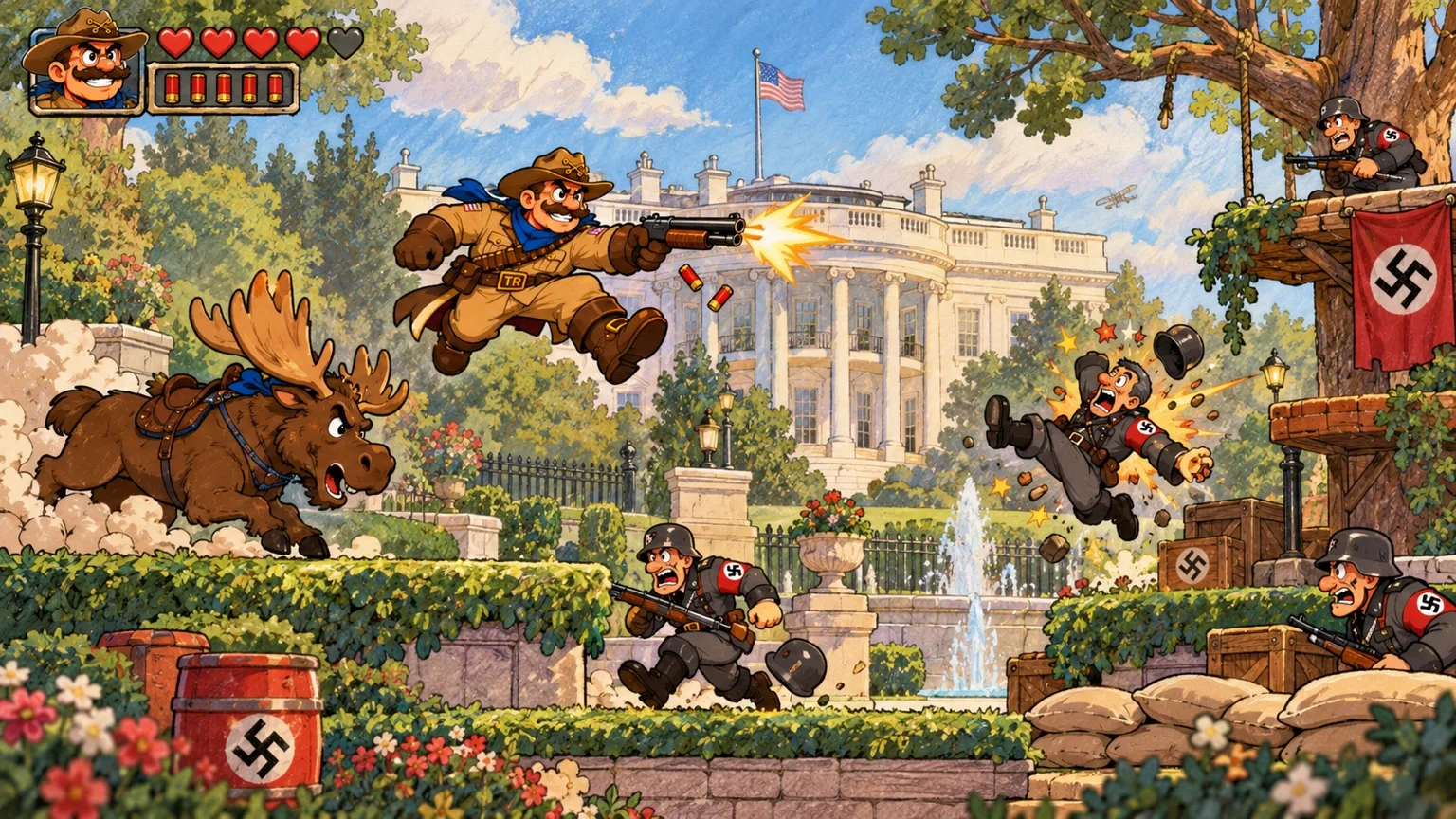 Concept art · Teddy’s planned shotgun and moose moveset. Exploratory illustration; not implemented gameplay.
